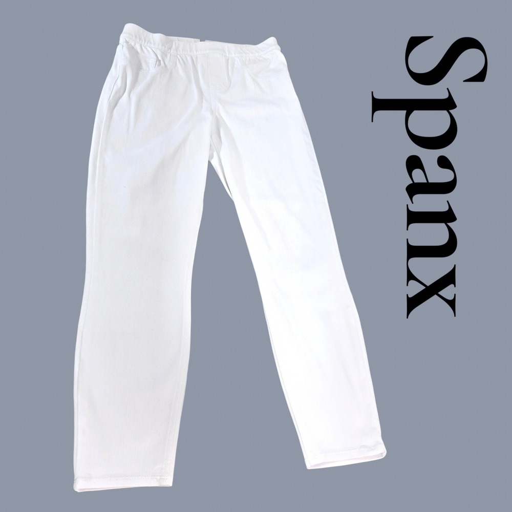 Spanx Jean-ish Leggings Women Large White Cotton Blend Slim Ankle Shaping Denim